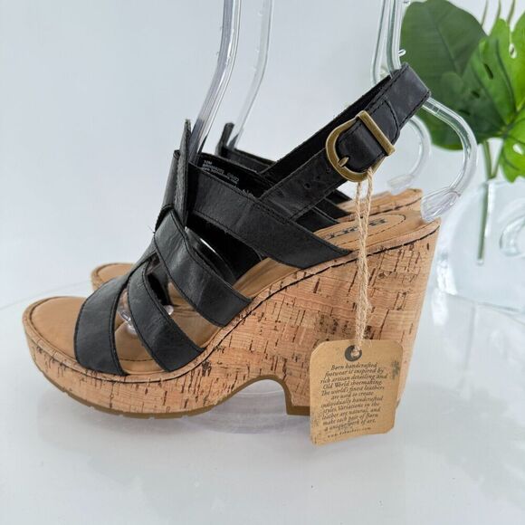 Born Bernese Womens Sandal Size 10 Black Leather Wedge Heel Open Toe Retro Caged - Picture 5 of 16